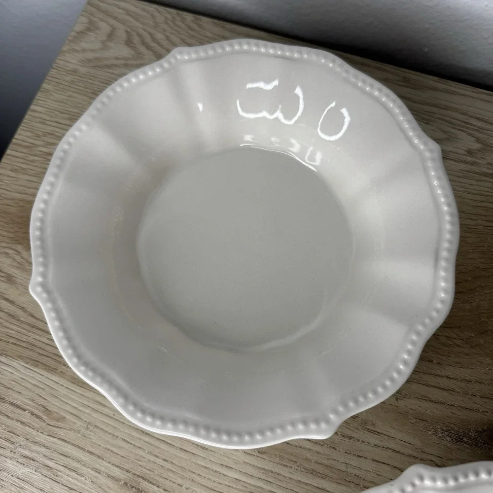 Pioneer Woman Paige Linen White Soup Pasta Bowls Set of 3‎ Beaded Scalloped
